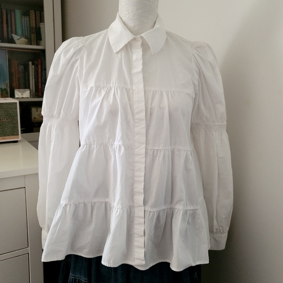 Zara Tops - Zara Flared Tiered Baby-doll White Cotton Blouse Medium